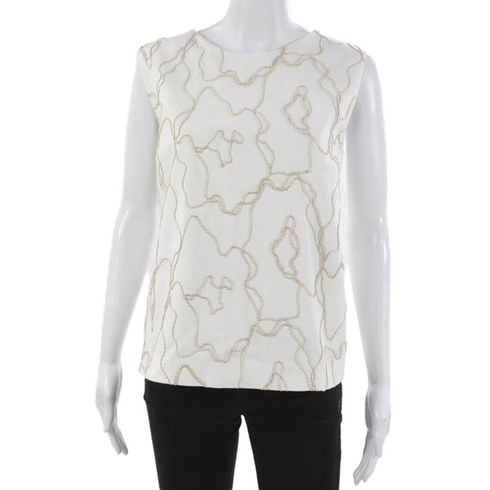 Sharis Women White Sleeveless Round Neck Geometric Basic Blouse Zip Size 48